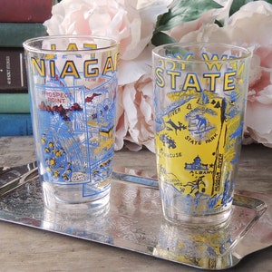 New York Souvenir Glasses Set of 2 Enamel Painted Tiki Bar Glassware 12 Oz. Juice Glasses