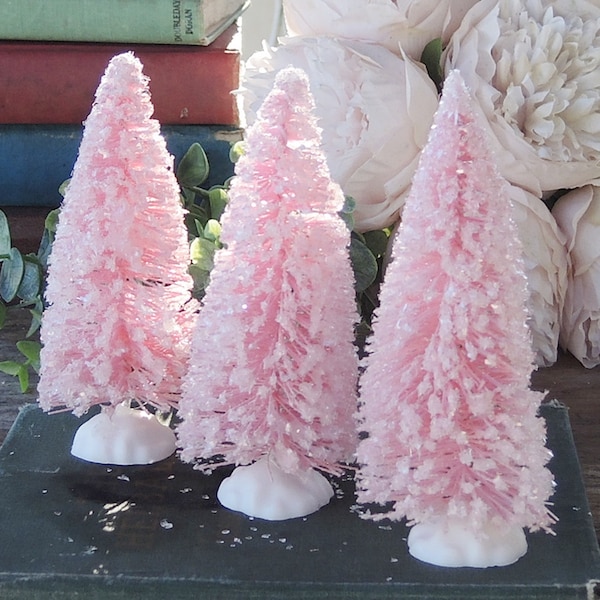 3 Pink Bottlebrush Trees Vintage Style Glittering Trees Putz Village Holiday Craft Supplies Holiday Decor, Photo Props