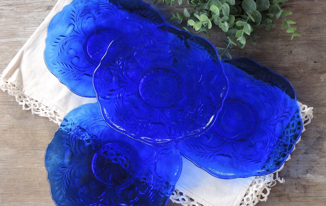 Vintage Mosser Cobalt Blue Glass Dessert Plates Set of 4 Etsy
