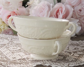 Wedgwood Patrician Footed Cream Soup Bowls Set of 2 Creamware Teacup and Saucer Set Etruria Barleston Made in England