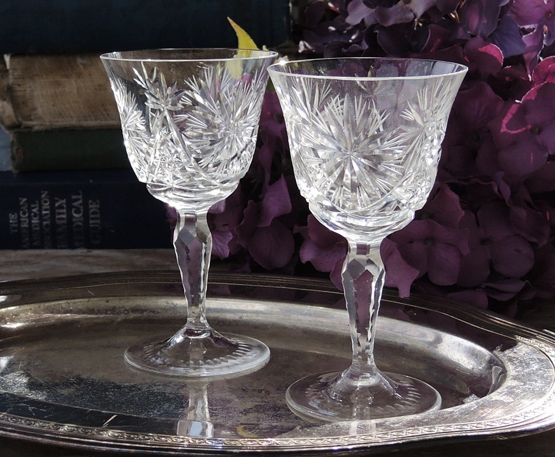 Vintage Cut Crystal Cordial Glasses Set of 2 Hobstar and Starburst