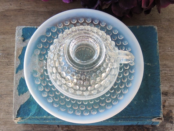 Anchor Hocking Moonstone Footed Cup and Saucer Set Opalescent