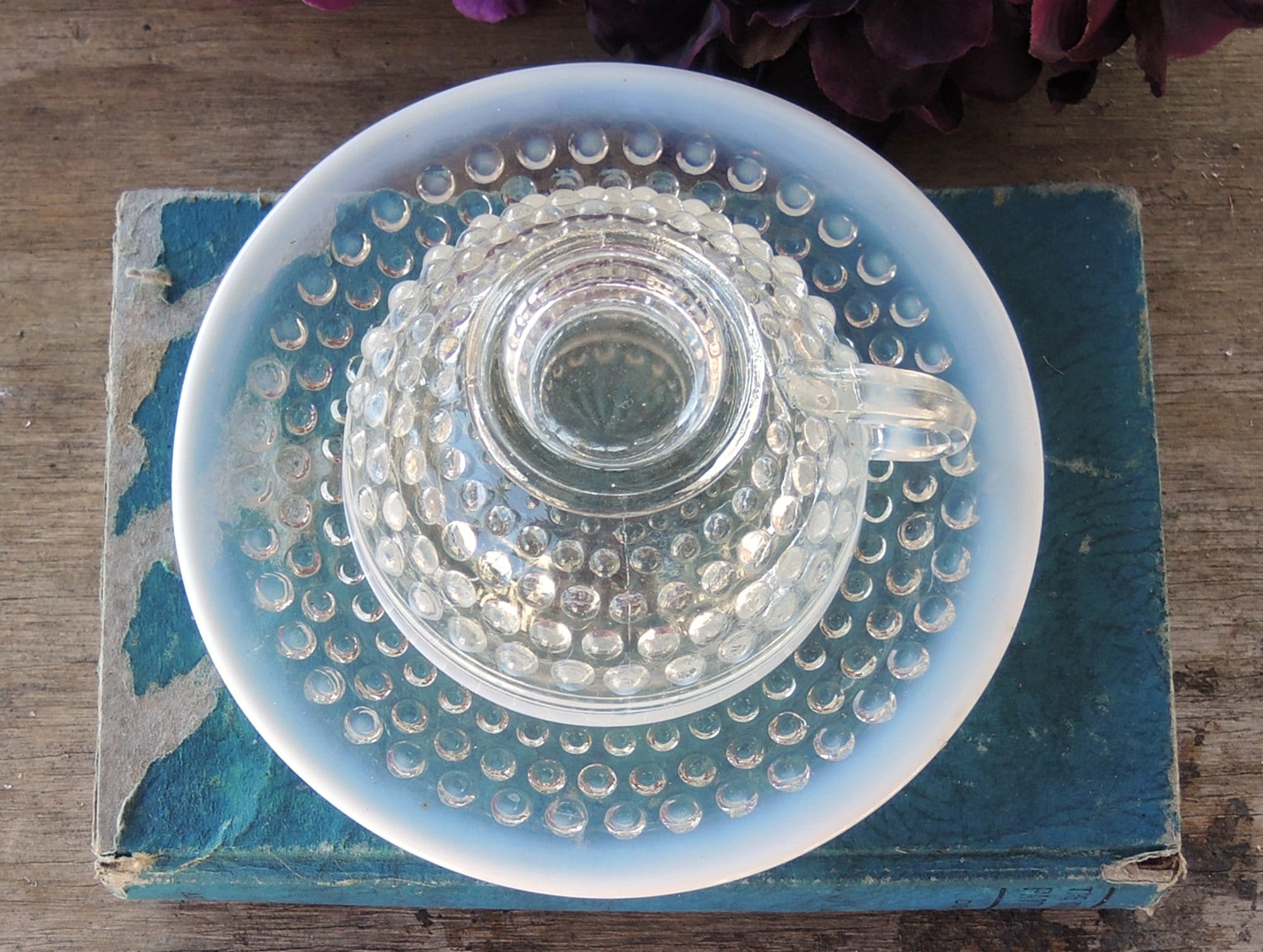 Anchor Hocking Moonstone Footed Cup and Saucer Set Opalescent