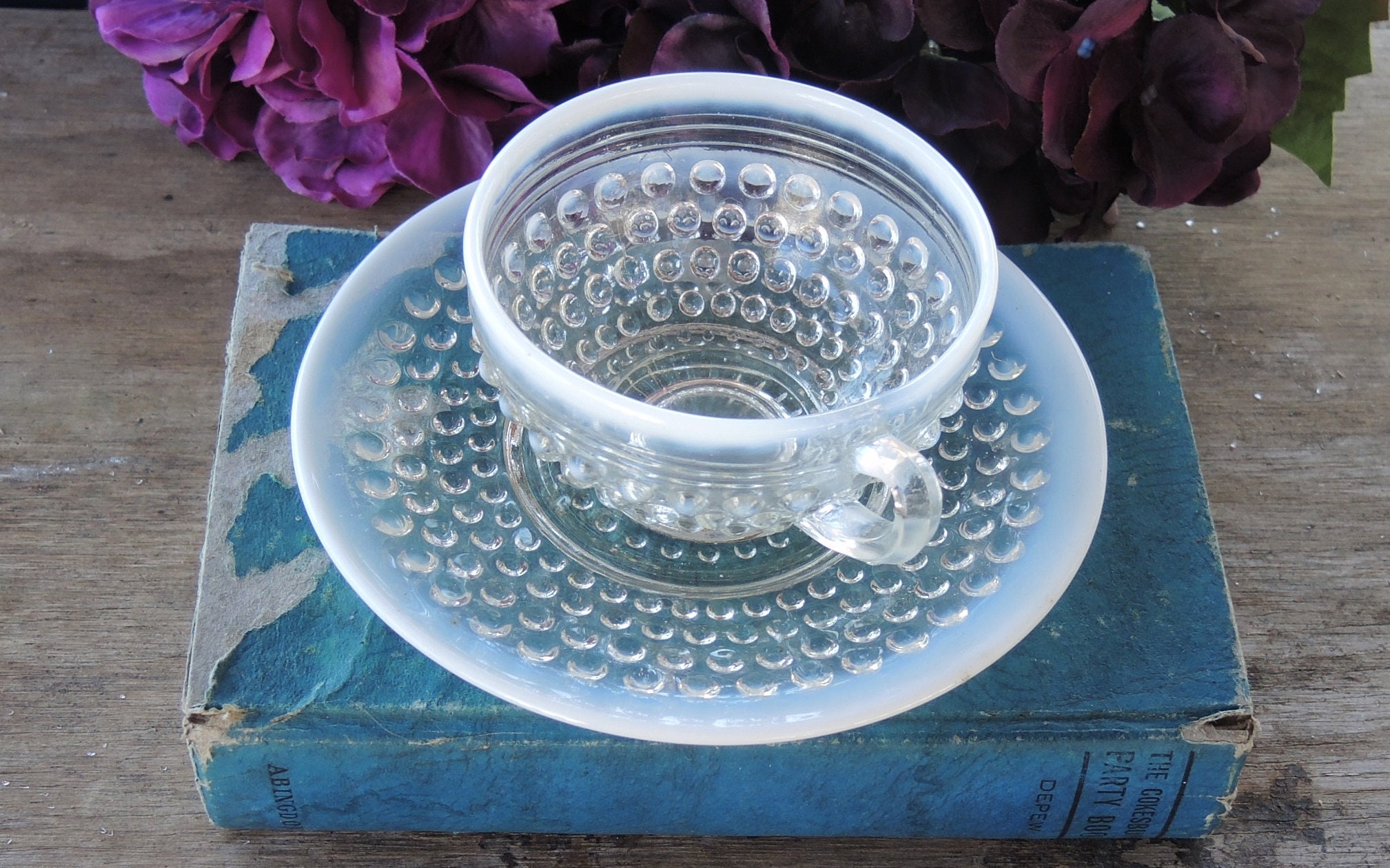 Anchor Hocking Moonstone Footed Cup and Saucer Set Opalescent