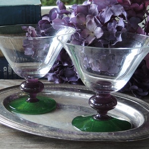 Mikasa Festival Violet Green Sherbet Glasses Set of 2 Dessert Blown Crystal Glasses Modern Crystal Glasses Green Foot Purple Knob