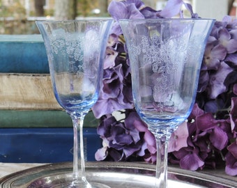 Lenox Sky Blossoms Blue Water Goblets Set of 2 Wedding Gift Vintage Crystal Stemware, Barware, Bride and Groom Ca. 1981 - 1986