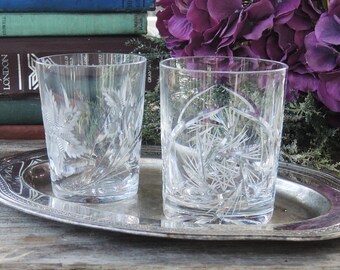 Mismatched Whiskey Glasses Set of 2 Cut Crystal Glasses Old Fashioned Rocks Bar Cart Barware