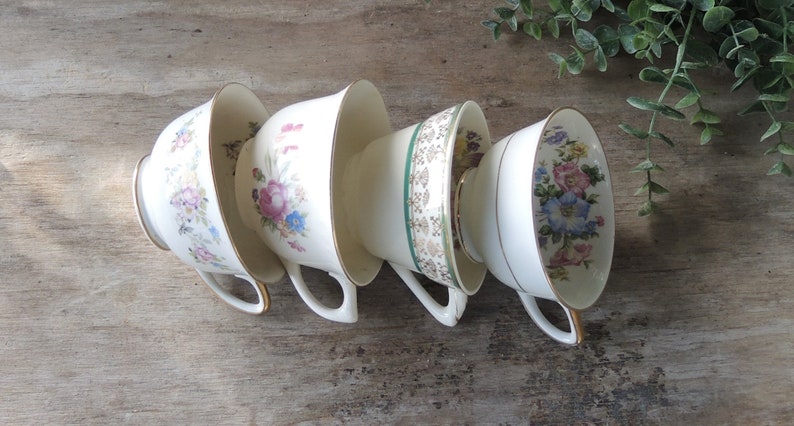 Mismatched Cottage Style Teacups Set of 4 Mix and Match English Cottage Style, Soy Candle Cups, Bridesmaid Gifts image 4