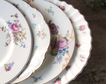Mismatched Pink Floral Salad Plates Set of 4 English Cottage Style Bright Floral Plates Mix and Match China Bridesmaid Luncheon