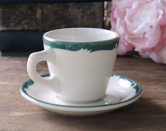 Syracuse Wintergreen Pattern Green and White Cup and Saucer Set Tea Cup Set Coffee Cup Set Restaurant Ware Diner China