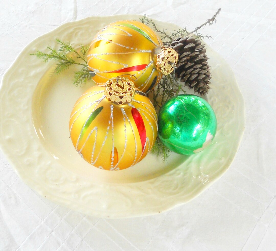 Vintage Red, Green and Gold Christmas Mercury Glass Ornaments, Set of 3 ...