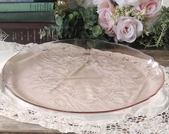 Arcoroc France Rosaline Pink Torte Plate Large Platter or Cake Plate Rosa Pink Blush Peachy Pink Glass Plate Ca. 1960s