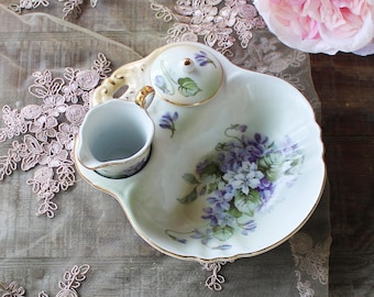 Antique Prussia Sugar and Creamer Set, Hand Painted Violets, Elegant Tea Party, Vintage, Green Wreath Ca. 1870-1918