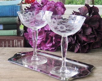 Vintage Etched Optic Style Crystal Champagne Glasses Set of 2 Etched Base Tall Sherbet Glasses