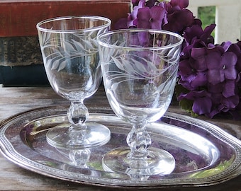 Libbey Wheat Water Goblets Set of 2 Etched Crystal Textured Stem Water Glasses Made in the 1940's
