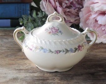 Harker Bouquet Floral Covered Sugar Bowl Harkerware Mid Century Farmhouse China Ca. 1950s