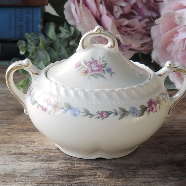 Harker Bouquet Floral Covered Sugar Bowl Harkerware Mid Century Farmhouse China Ca. 1950s