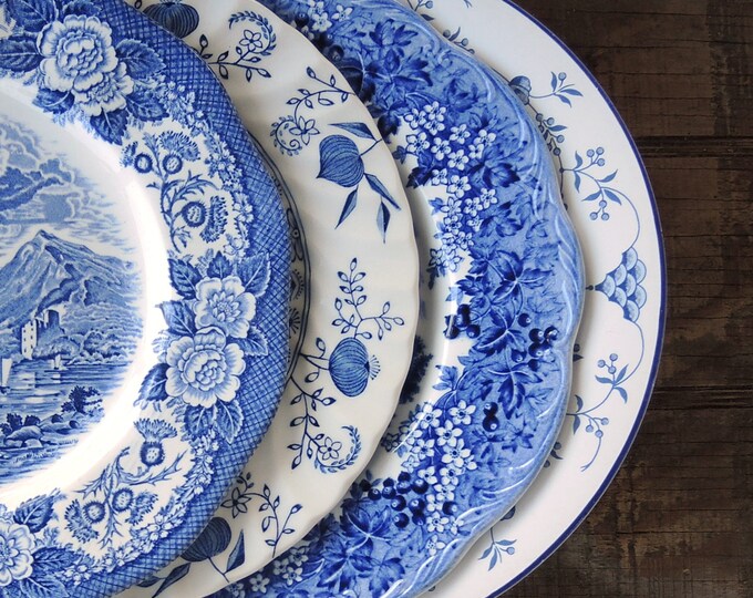 Mismatched Blue and White Dinner Plates for Weddings Set of 4 English