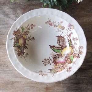 May include: A white ceramic bowl with a brown and green floral pattern featuring fruit and leaves. The bowl has a scalloped edge.