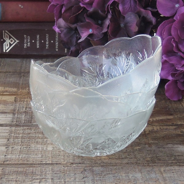 Set of 4 Vintage Glass Etched Rose Pattern Bowls Made in Indonesia