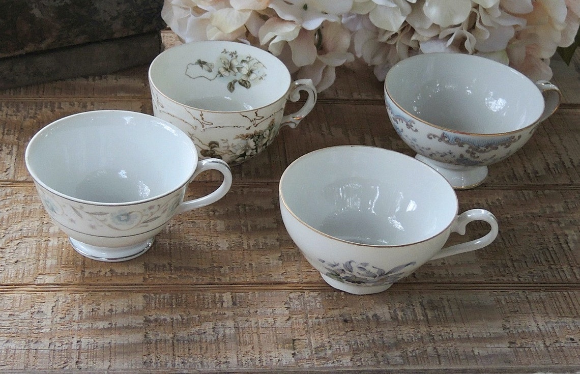 Mismatched Cottage Style Tea Cups Set of 4 Shabby Chic Tea | Etsy