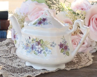 Arthur Wood and Sons Small Tea Pot, Violets and Forget Me Knots Holds 2 Cups Rare English China Numbered 6370