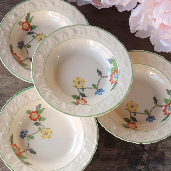 English Brambleberry Dessert Bowls Set of 4 Hopewell China Rimmed Bowls Very Rare Farmhouse China Ca. 1930's