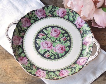 Royal Albert Needle Point Handled Cake Plate English Bone China Pink Roses Serving Platter