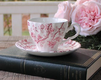 Johnson Brothers Old Bradbury Pink and White Floral Flat Teacup Set Stoke on the Trent Teacup and Saucer Set