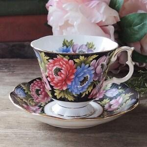 Royal Albert Black Anemone Tea Cup and Saucer Set Bouquet Series Rare Collectable Teacup Set Fine English Bone China
