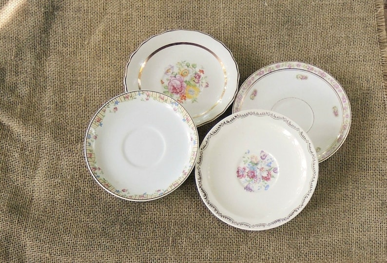 Vintage Mismatched China Saucers for Weddings Set of 4 Replacement China Bridal Luncheons Tea Party Hostess Gift Bridesmaid Gift,