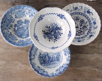 Mismatched Blue and White Cereal Bowls Set of 4 Coupe Soup Bowls Blue White Transferware Salad Bowls Replacement China