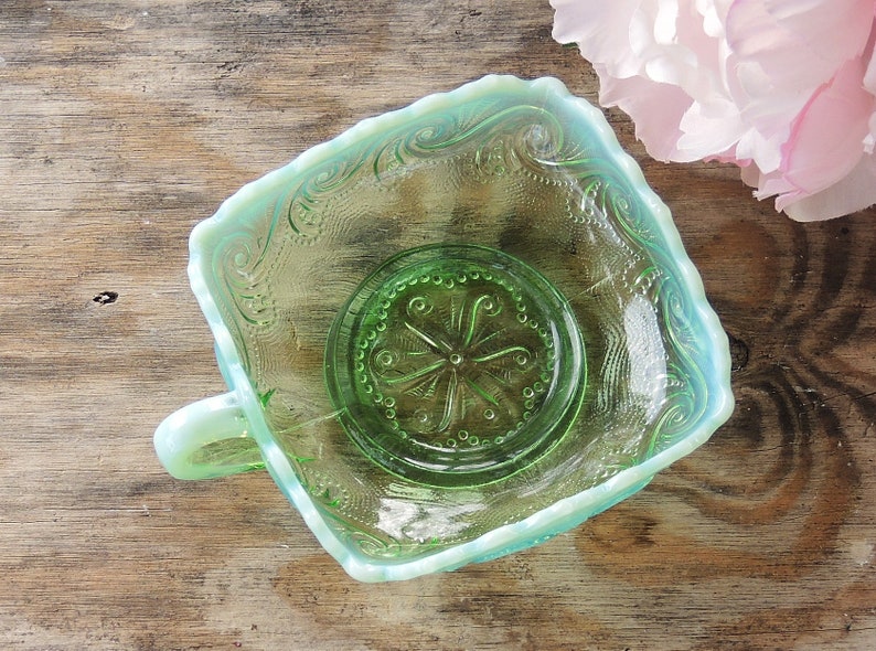 ON SALE Vintage Green Handkerchief Opalescent Glass Dish with Handle Scalloped Edge Candy Bowl Art Glass