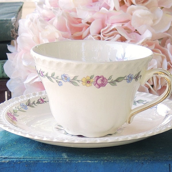 Harker Bouquet Floral Teacup Set Harkerware Mid Century Farmhouse China Ca. 1950s