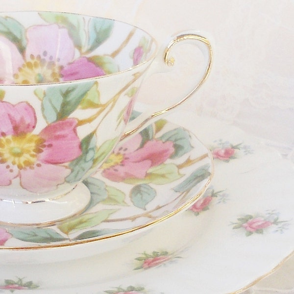 Vintage Royal Tuscan Fine China Teacup, Saucer and Mismatched Plate Trio, Tea Party, Royal Albert, English Cottage, Cottage Style