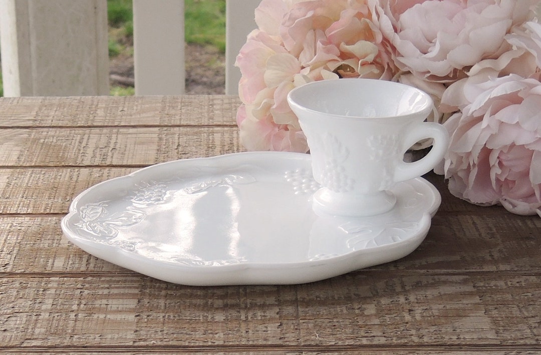 White Milk Glass Snack Plate Set Colony Glass Harvest Luncheon Shower Brunch Plate and Cup Set