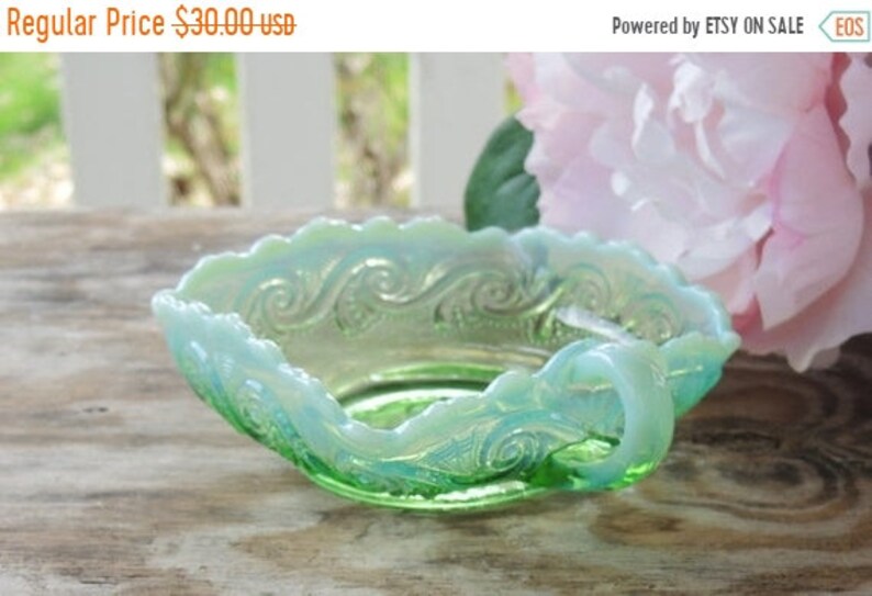 ON SALE Vintage Green Handkerchief Opalescent Glass Dish with Handle Scalloped Edge Candy Bowl Art Glass