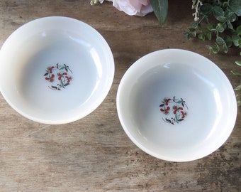 White Milk Glass Honeysuckle Coupe Soup Bowls Set of 2 Fire King Anchor Hocking Mid Century Modern Ca. 1959 - 1962