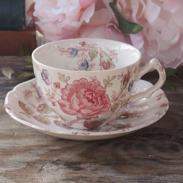 Johnson Brothers Rose Chintz Teacup and Saucer Set Design Inside Cup English Ironstone China, Bridesmaid Luncheon, Tea Parties