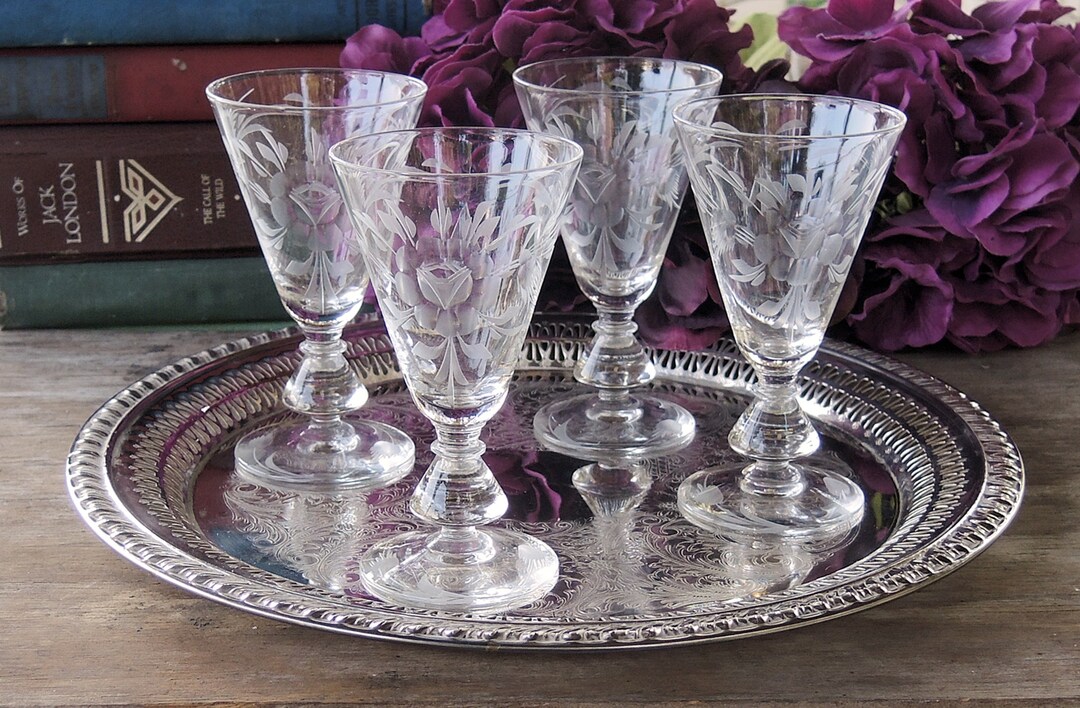 Fostoria Cut Crystal Cordial Glasses Set of 2 Etched Rose Pattern