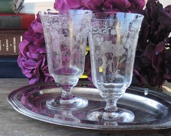 Fostoria Midnight Rose Footed Tumbler Glasses Set of 2 Iced Tea Glasses Bar Cart Finely Etched Mid Century Crystal Glasses