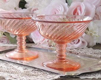 Imperial Glass-Ohio Twisted Optic Pink Footed Sherbet Glasses Set of 2 Spooled Stem Pink Depression Glass Ca. 1927 - 1930