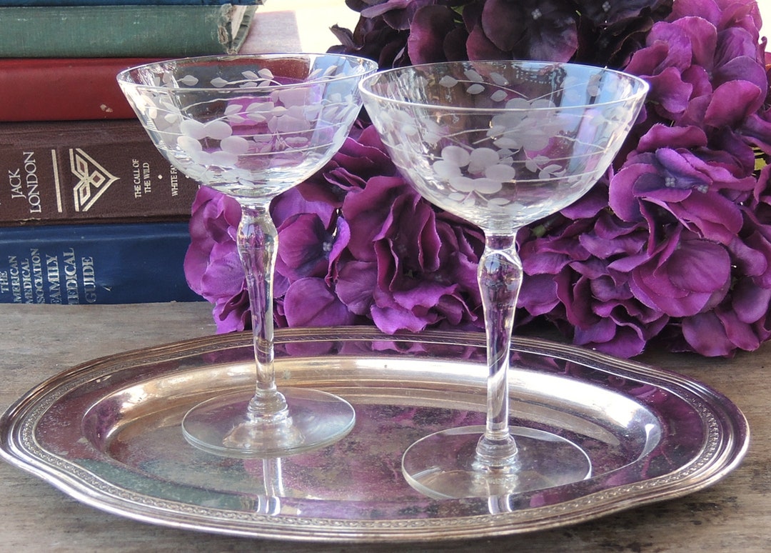 Vintage Etched Optic Style Crystal Champagne Glasses Set of 2 Etched