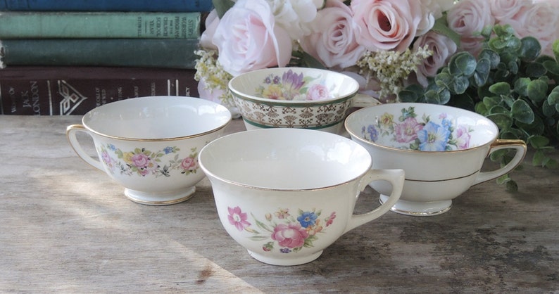 Mismatched Cottage Style Teacups Set of 4 Mix and Match English Cottage Style, Soy Candle Cups, Bridesmaid Gifts image 3