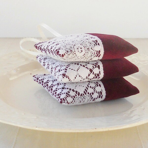 Lace and Velvet Lavender Sachet Pillows, Set of 3, Bridal, Ring Bearer, Wedding Favors, Home Decor, Custom Order, Valentines