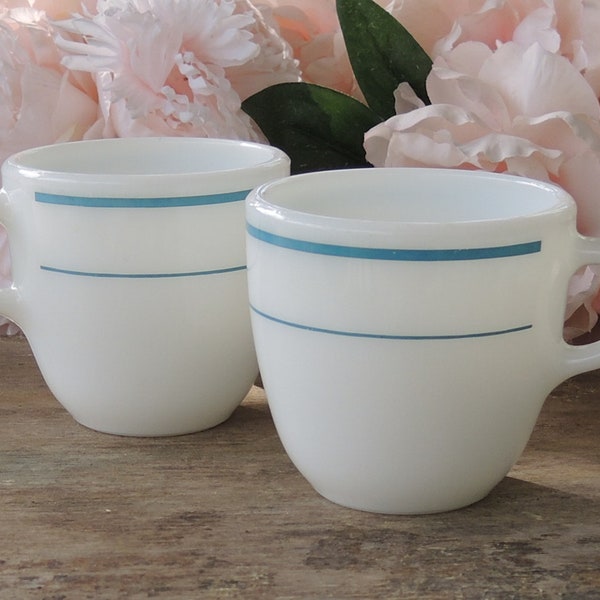 Vintage Pyrex White Milk Glass Mugs with Blue Rings Set of 2 Restaurant Diner Ware Coffee Cups