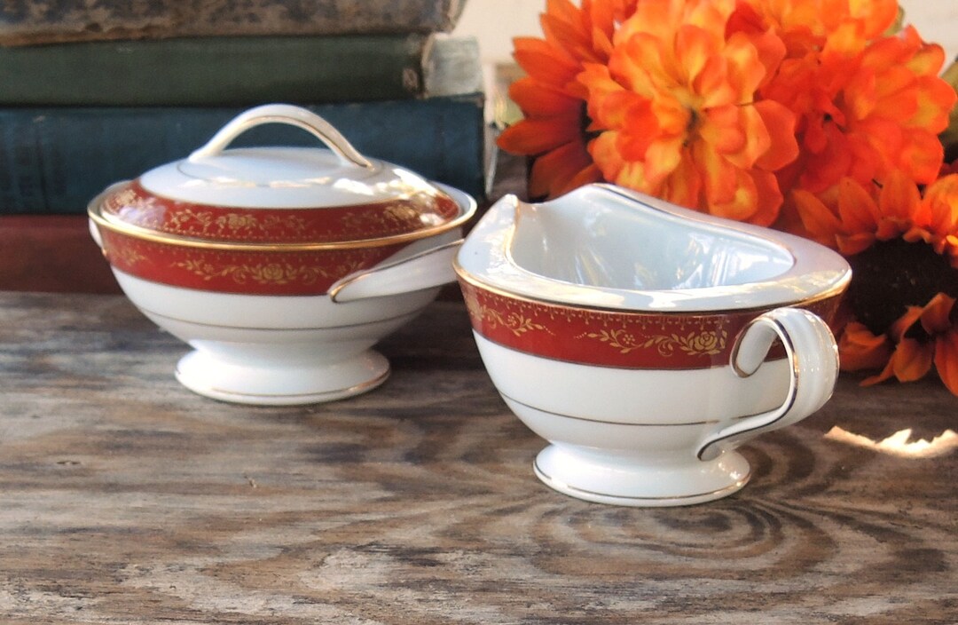 Noritake Creamer and Sugar Dish Set Goldhill Rusty Red and Gold Floral Pattern 6613 Sugar Set