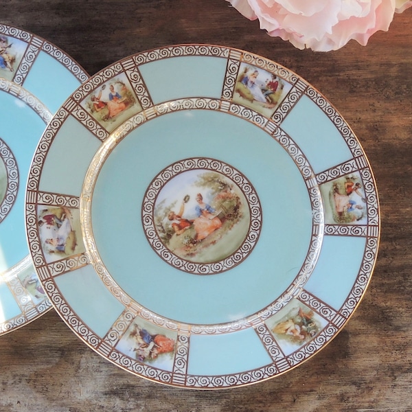 H & C Schlaggenwald Czech Salad Plate Aqua Blue with Courting Scenes Weddings Romantic Cottage Style Replacement China