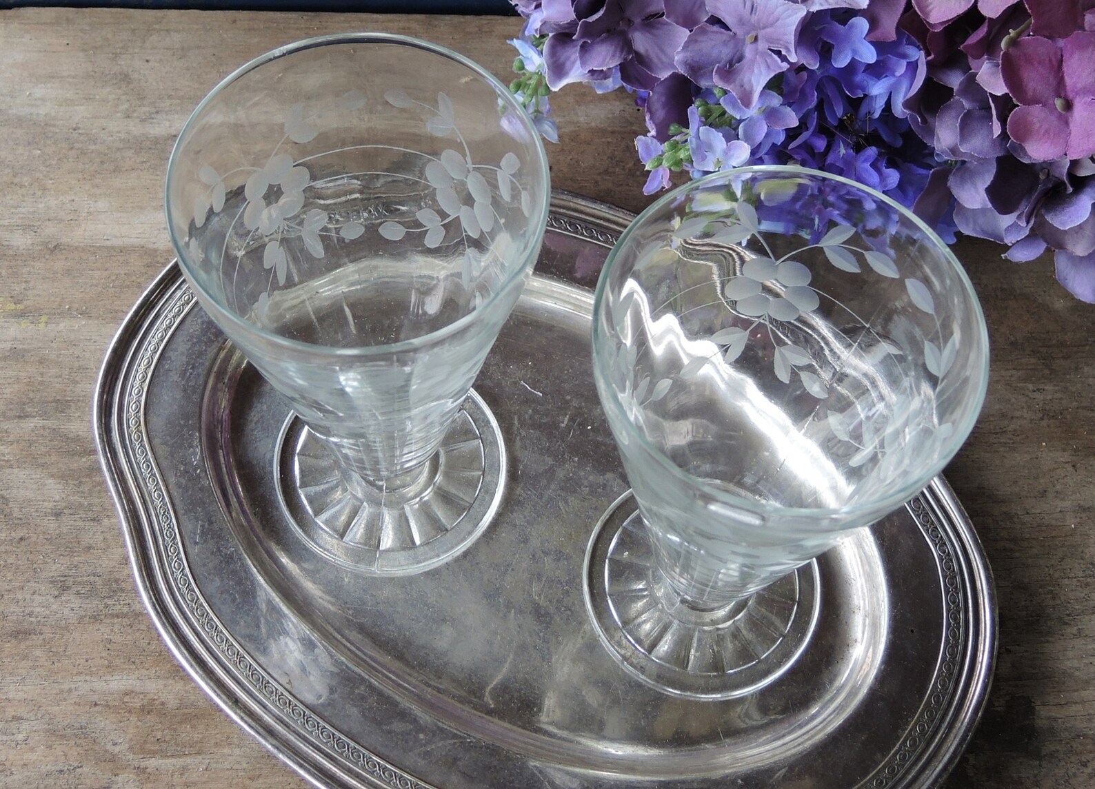 Floral Etched Ice Tea Glasses Set of 2 Footed Crystal Cocktail Etsy