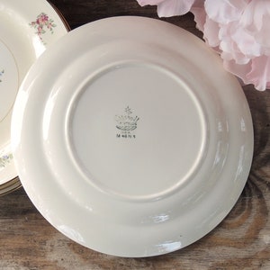 May include: White ceramic dinner plate with a floral design. The back of the plate has the text "Castleton China USA M 46 N 5" printed in green.
